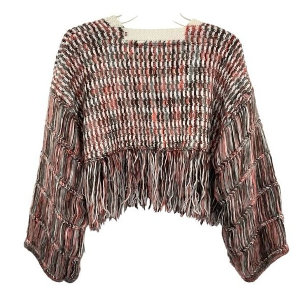 Ivory Rose Cropped Knit Fringe Sweater Boho V Neck - Picture 8 of 14